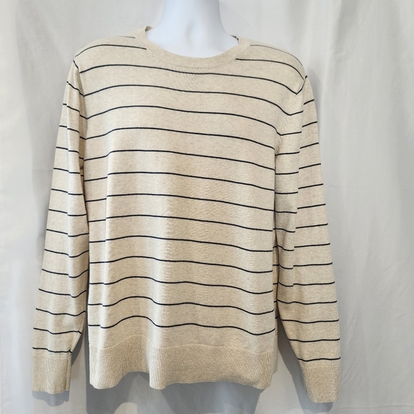 Goodfellow & Co. Men's Crewneck Sweater Size L Tan Navy Stripe Coastal Prep - Picture 1 of 8